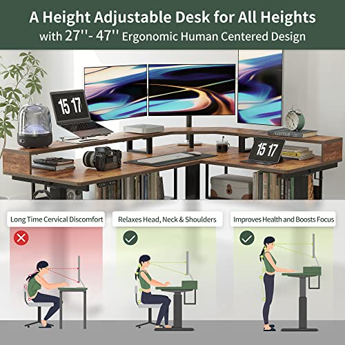 Image of FEZIBO 63 inch L Shaped Standing Desk with Shelves, Large Storage, Triple Motors, Corner Desk with Double Shelves, Rustic Brown