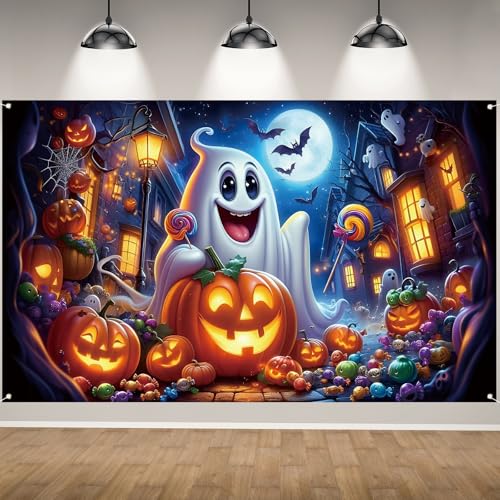 Ghost Pumpkin Halloween Photo Backdrop,Night Moon Banner Party De...