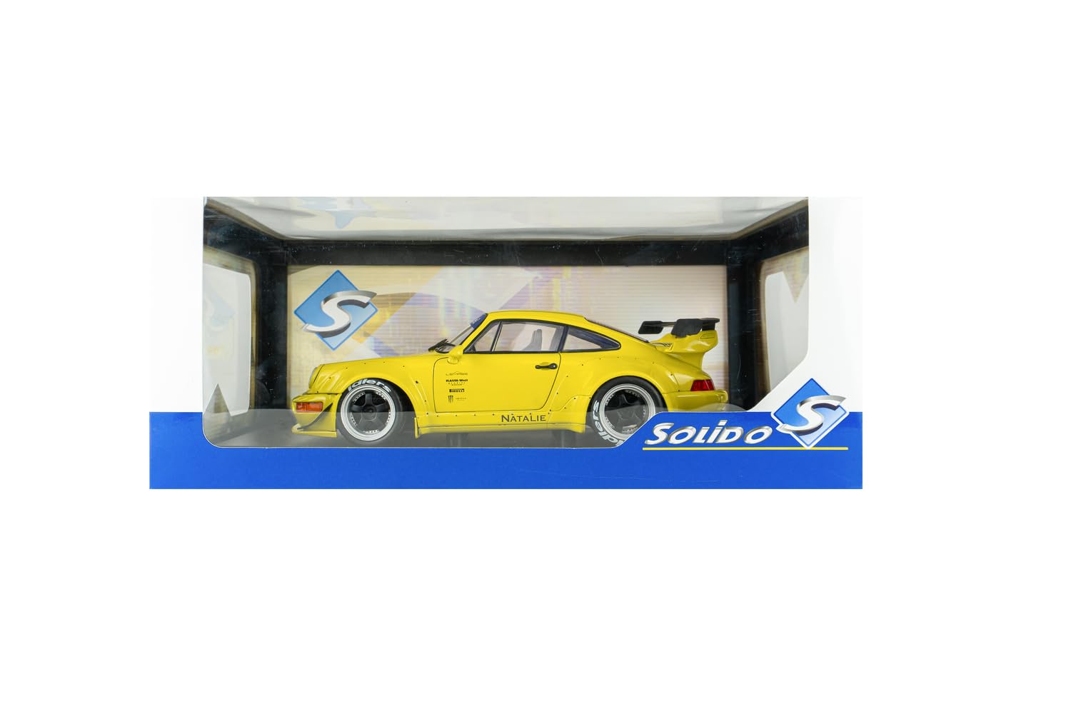 Solido RWB Natalie 2023 1:18 Gelb | Detailgetreues Diecast Modellauto, Widebody-Sportwagen mit Heckflügel, weißen Felgen, Sammlerfahrzeug für Tuning-Fans