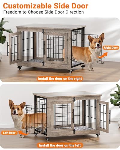 image for YaFiti Dog Crate Furniture with Cushion, Wooden Dog Kennel with Double