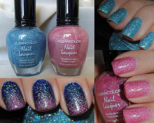 2 Colors Holo Blue & Pink Kleancolor Nail Polish Holographic Glitter Set