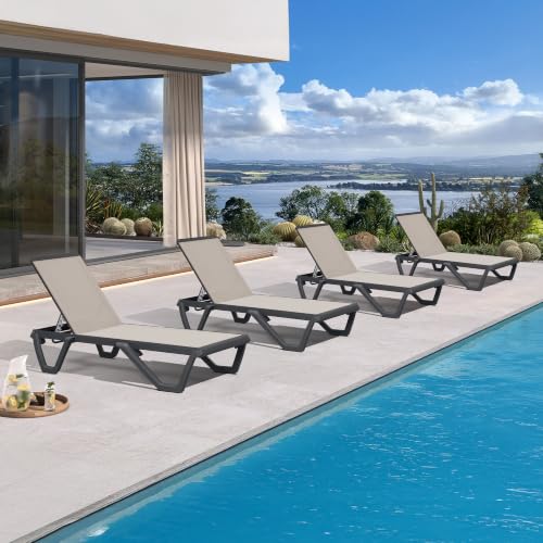 Image of PURPLE LEAF Patio Chaise Lounge Set of 4 Plastic Pool Lounger Chair, Beige