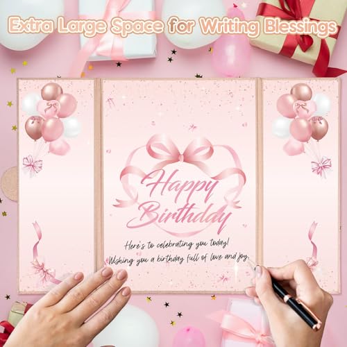 Image of Bow Birthday Decorations for Girls Women Rose Gold Happy Birthday Guest Book to Sign Coquette Birthday Alternative Signature Guestbook Gifts Keepsake Pink Bow Heart Memory Book Card Board Party