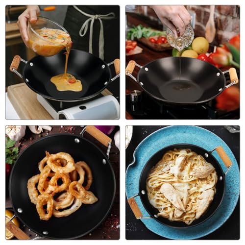 Cabilock 2pcs pequeño wok de acero inoxidable con mango doble de madera miniatura 6