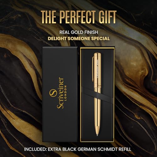 Image of Scriveiner Personalized Gold Ballpoint Pen - Stunning Luxury Pen, Real Gold Plating, Schmidt Ink Refill, Best Engraved Ball Point Gift Set for Men & Women, Custom Name Engraving