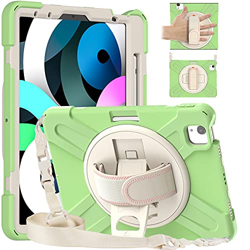 Moogukadan iPad Air 11インチ2026 2025 2024 /Air 第4 5世代10.9インチ/iPad Pro 11 第4 3 2 1世代用のケース 斜め掛け カラフル 360°回転 スタンド ショルダーストラップ ハンドベルト ペンホルダー付き 頑丈 耐衝撃 シリコン カバー キッズ(抹茶)（Amazon）