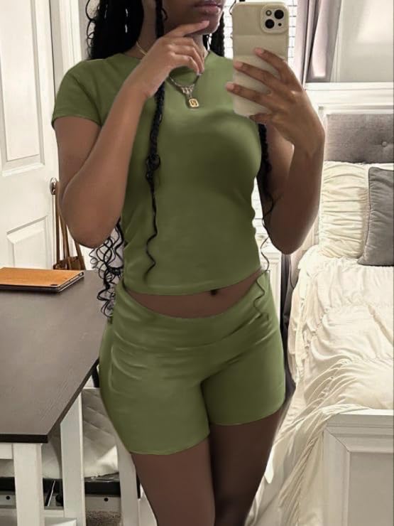 Image of AYWA Women's Two Piece Sets Summer Slim Fitted Short Sleeve Tops Foldover Shorts Matching Lounge Sets