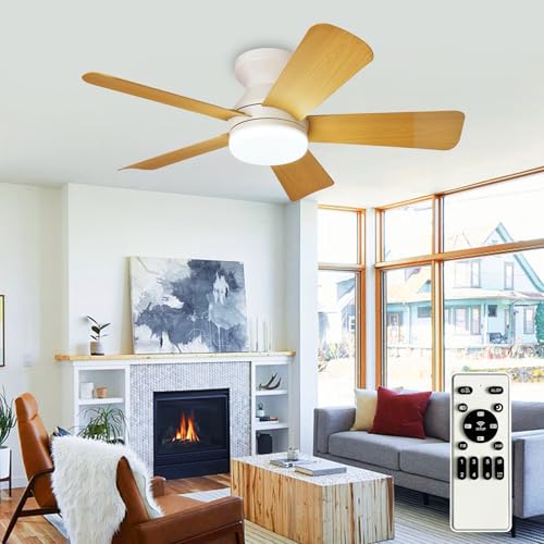 Image of Depuley Modern Ceiling Fan with Light: 35-Inch White Small Fans for Bedroom Indoor Outdoor - Dimmable Low Profile Ceiling Fans with Remote Control Flush Mount 5 Reversible Wood Blades 6 Speeds Timer