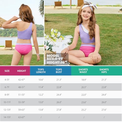 Image of Mirawise Girls Swimsuit One Shoulder Metallic Patchwork Neckline Bathing Suit 2 Piece Bikini