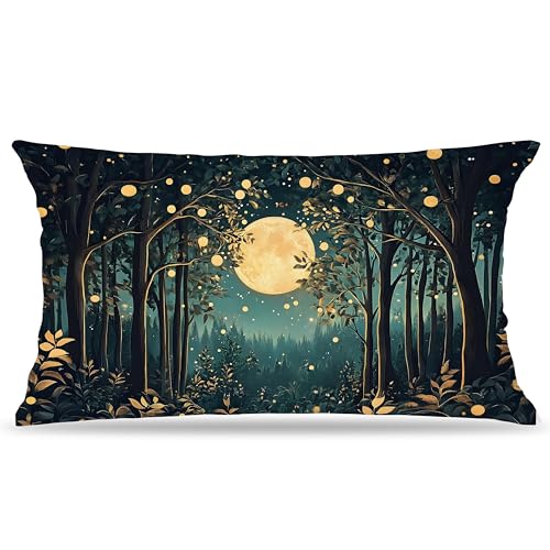 BUJSP Rustic William Morris Inspired Night Moon Forest Decor Pillow Covers 18x18,Vintage Botanical Nature Landscape Decorative Throw Pillow Covers for Home Bedroom Living Room