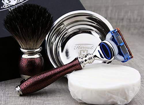 Vintage inspiriertes 4-teiliges Rasierset - Reine Dachshaarrasierpinsel 5-Kantenrasierer Edelstahl Rasierschale und Haryali London Premium-Seife