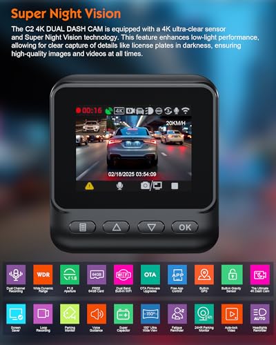 Sarmert C2 4K Dual Dash Cam Front and Rear - Built-in GPS and 5G WiFi, Free 64GB Card Included, 4K UHD Dash Camera for Cars, Night Vision, WDR, Loop Recording, App Control, 24H Parking Mode - Image 5