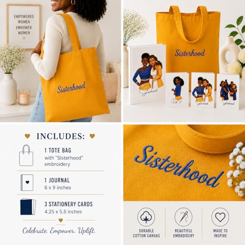 Image of Sisterhood Tote Bag, Journal and Stationery Gift Set, 6x9 inch Lined Journal, 3 Greeting Cards, Embroidered Canvas Tote, Gift Pack for Friends and Sisters (Blue+Gold)