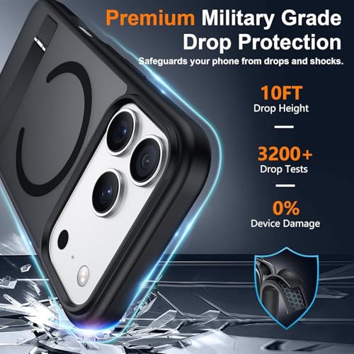 Image of Elzzi Translucent Matte Kickstand Case for iPhone 17 Pro, Built-in Adjustable Camera Stand, Magnetic MagSafe Shockproof Phone Cover (Black)