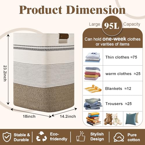 Image of Laundry Hamper, 95L Tall Laundry Basket with Leather Handles, Rectangle Large Clothes Hamper for Organizing, Cotton Woven Laundry Baskets Storage Hampers for Bedroom, Nursery, Living Room