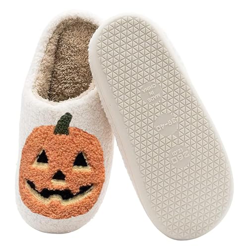 Image of Halloween Pumpkin Slippers for Womens Mens Plush Warm Spooky Lantern Pumpkin Slippers House Shoes