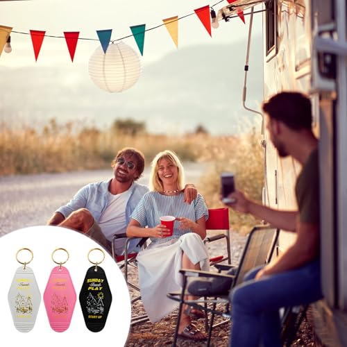 Image of 3 Pack Camper Keychain Vintage - Sided Retro Design,Rustic Metal Ring Design For Outdoor Enthusiastsfor Outdoor Lovers /Woman, Hiking & Rv Accessories, Durable Abs Plastic (Black /White /Pink)
