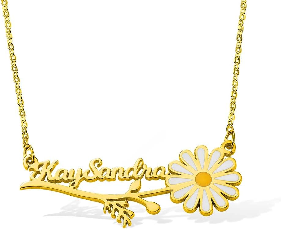 Daisy Name Necklace Personalized Name Necklace - Custom Flower Necklace Dainty Floral Jewelry - Silver Daisy Pendant Name Necklace Birthday Gift For Her Mom Women, Gold