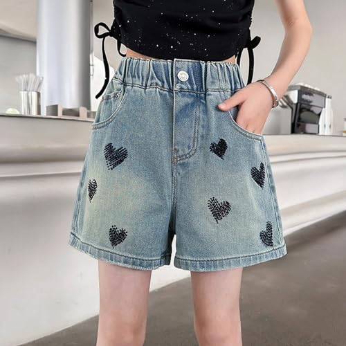 Girls Casual Embroidered Heart Denim Shorts Teen Functional Button Closure Pockets High-Waisted Loose Vintage Shorts2