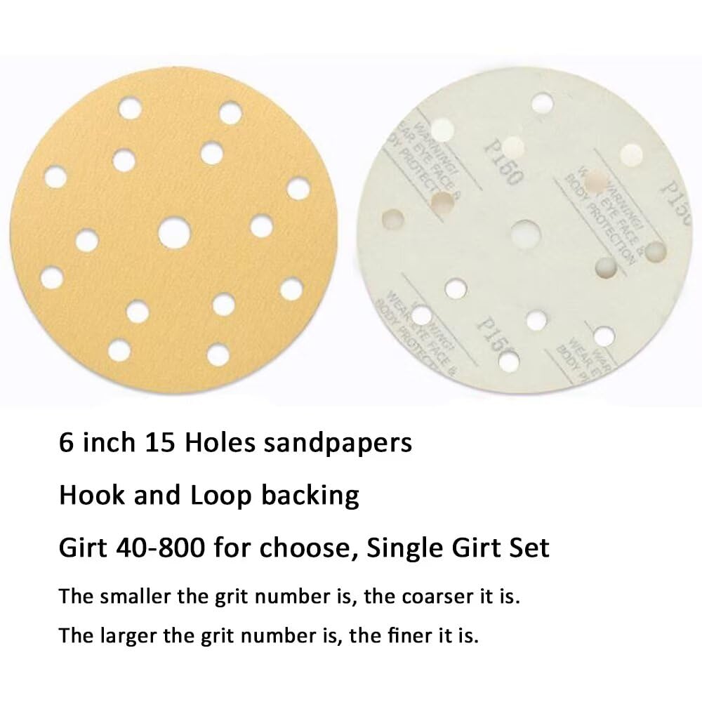 100pcs 6 pouces 150mm jaune Rond Papier Abrasif 15- trous Disque de Sablé set Grit-80 Crochet et Boucle Ponceuse Papier Abrasif pour Outils de Polissage