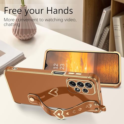 Image of GUAGUA for Samsung Galaxy A23 4G /5G Case, Galaxy A23 Phone Case, Slim Flexible TPU Plating Love Heart with Wristband Kickstand Shockproof Protective Phone Case for Samsung A23 4G /5G 6.6 Inch, Brown