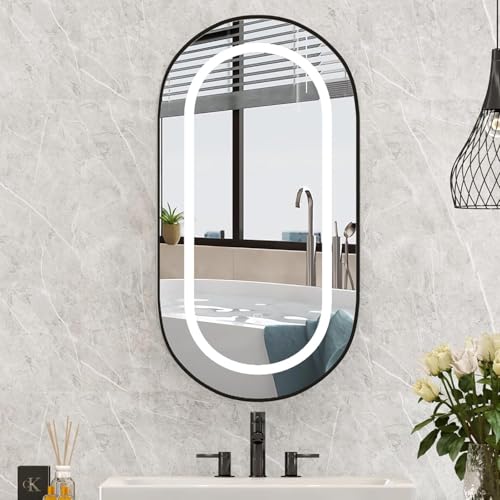 Mepplzian Spiegelschrank Oval mit Beleuchtung, Ovaler Spiegelschrank, 80x42cm, Ovaler Badezimmerschränke mit Spiegel, 3 Lichtfarbe Einstellbar, Einbau Bad Spiegelschrank Oval, schwarz