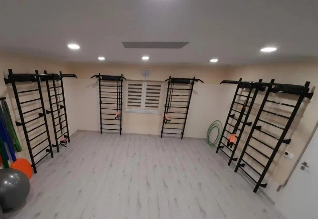 QLS Sprossenwand mit Klimmzugstange Stahl bis 250 kg 228 cm Schwarz | Wandmontage für Home Gym mit 115 cm breiter Klimmzugstange. Profil 40 x 40 x 2 mm, Montagesatz ohne Wanddübel
