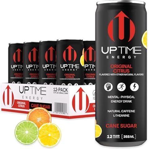UPTIME Energy Drink, Original Citrus Cane Sugar, 12 Pack, Vitamin C, L Theanine, Calcium, Energy Drinks for Focus Support, 142mg of Natural Caffeine per Serving, Clean, Natural, Non GMO, 12 fl oz Cans Cover
