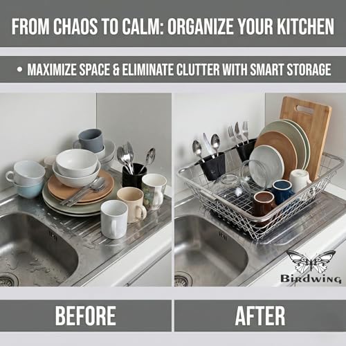 Image of Big Size Heavy Duty Stainless Steel Utensil Drying Stand Large Kitchen Dish Rack with Water Drain Tray, Countertop Plate Bowl Drainer Organizer Basket, 64*47*23 steel rack for kitchen utensil rack