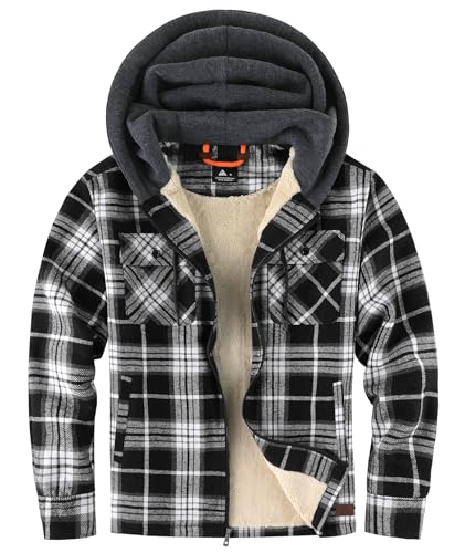 Men's Flannel Jacket Vintage Plaid Zip Up Sherpa Lined Fleece Coat Warm Winter Work Jackets with Hood