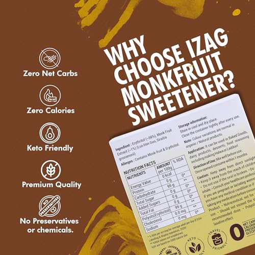 Image of iZaG Monk Fruit Natural & Sugar Replacer (300 Grams) | Zero Calorie Sugar Alternative | Keto & Diabetic Friendly | 1:1 Sugar Replacement | 60 Pre-Measured Sachets (5g Each) | For Tea, Coffee, Cooking & Baking