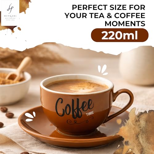 Image of Hitkari Porcelain Cup Saucer Set of 6 for Tea 220 Ml 6 Cups & 6 Saucers | 12 Piece Tea Coffee Set | Elegant Glossy Finish Teaware Microwave & Dishwasher Safe Colors CS3 - Brown