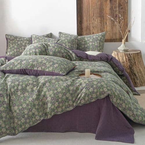 Image of VM VOUGEMARKET Green & Purple Floral Jacquard Duvet Cover Set Queen,Breathable Double Layer Gauze Farmhouse Style Bedding Set for Home