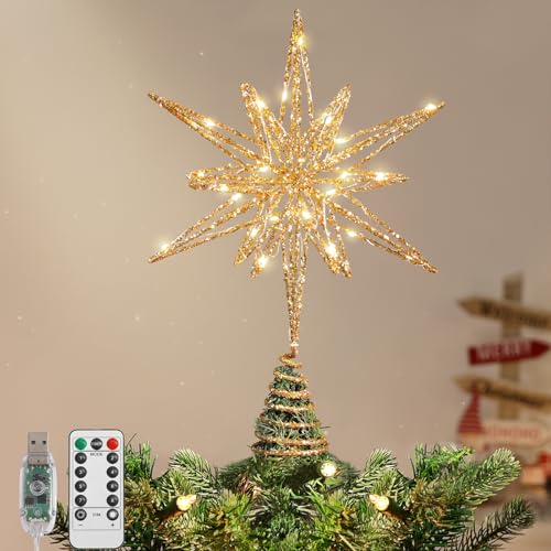 Lewondr Christmas Tree Topper, 14" Lighted 3D Geometric Star Treetop, Gold
