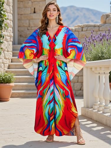 Image of IMAGEKOPE Women's Plus Size Animal Print V-Neck Batwing Kaftan Beach Dress Bathing Suit Cover-Up Loungewear