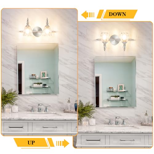 Image of Vintage Vanity Light Fixtures for Bathroom, 2 Light Brushed Nickel Vanity Lighting Over Mirror, Bathroom Light Fixtures with Flower Clear Glass, Farmhouse Sconces Wall Lighting for Hallway