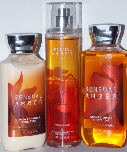 3 Piece Bath & Body Works Sensual Amber Fragrance Gift Set- Fragrance Mist, Shower Gel, and Body Lotion (Sensual Amber)