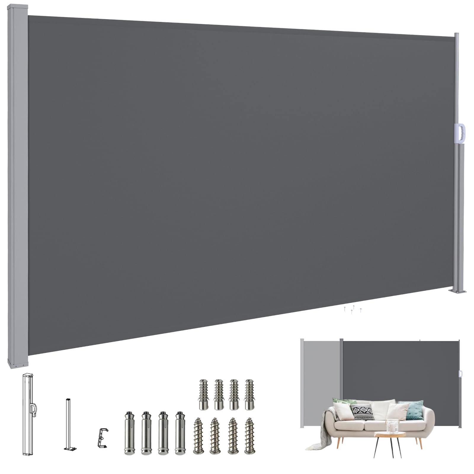 UNIONLINE Seitenmarkise Ausziehbar 350x180cm, Sichtschutz | Sonnenschutz Markise, wasserdichter Faltbarer Sichtschutz für Garten Balkon & Terrasse, Dunkelgrau