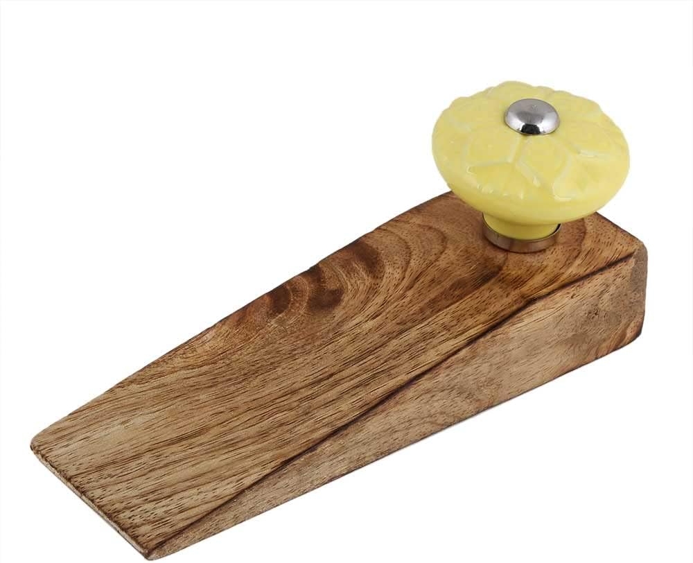 IndianShelf 1 Piece Ceramic, Wood Decorative Door Stoppers for Bottom of Door- Sage Green Heavy Duty Non Slip Rubber Base Door Wedges- Sturdy Floor Door Stop for Inside and Outside