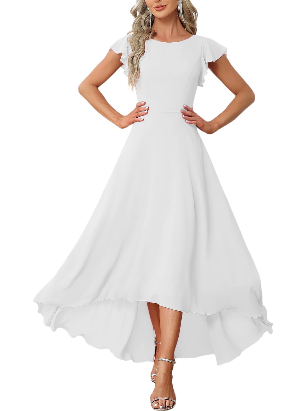 FairyLove Women Wedding Ruffle Dresses Flowy Puffy with Deep V Neck Pleated Hem Lantern Long Sleeve Bell Sleeves