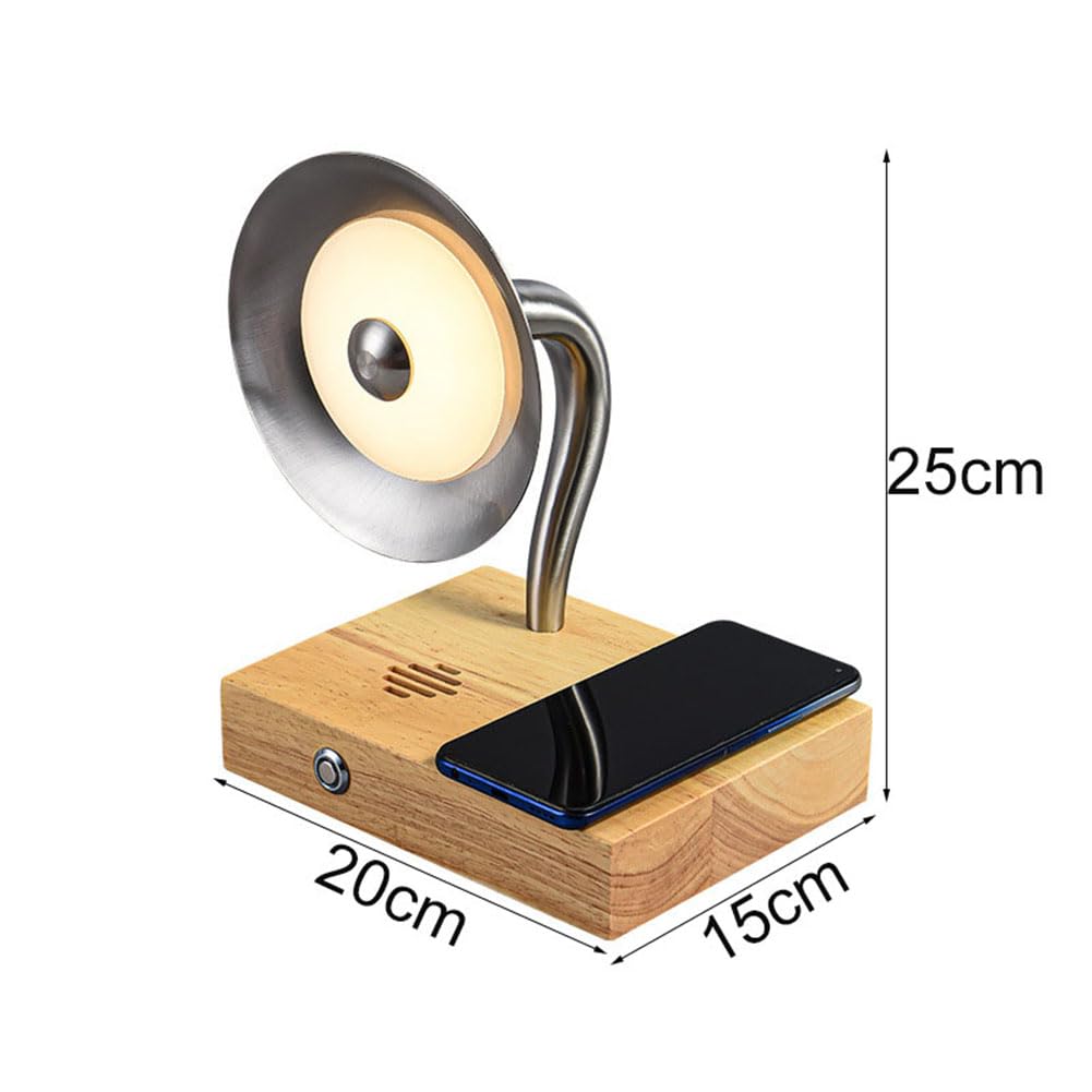 Nachttischlampe mit Bluetooth Lautsprecher LED Holz Tischlampe mit Wireless Charger Touch Dimmmodi Night Light Table Musikbox Intelligente Induktive Ladestation Vintage Leseleuchte,B