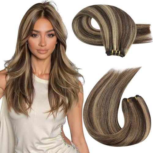 Image of Moresoo Sew in Hair Extensions Brown With Blonde Highlights Double Weft Hair Extensions Human Hair Dark Brown With Caramel Blonde Remy 100g /Pack 16 inch | Smooth real human hair offers light movement, suited to cafe visits, weekend plans and relaxed protective hairstyles
