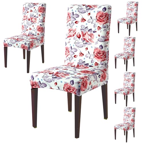 Image of HOKIPO Premium Printed Velvet Dining Chair Cover Set of 6, Red Cottage Rose (AR-5794-D6*6)