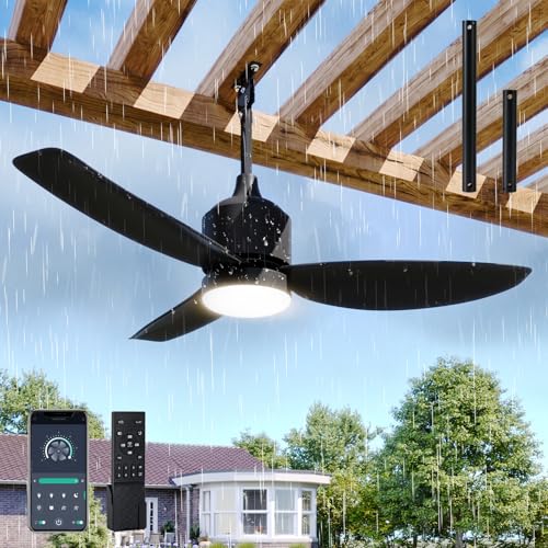 Image of Aoxun 42'' Outdoor Ceiling Fan with Light, IP65 Waterproof Hanging Fan with Remote Control and Smart App, 3CCT 6-Speed Settings for Balcony, Porch, and Gazebo (Black)