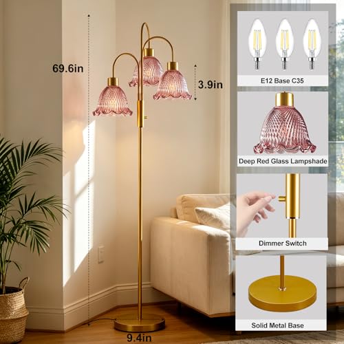 Image of 3-Light Glass Floor Lamp for Living Room, 70 inch Gold Dimmable Standing Tall Lamp with Deep Red Glass Shades &3PCS 3000K Warm White Bulbs for Wedding /Party, Modern Tree Pole Lamp for Bedroom Home Decor