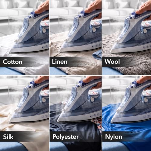 Image of OVENTE Steam Iron, 1200W, Non-Stick Soleplate, 350mL, Blue IRNL77BL | With Water Spray Function, Precise Thermostat Dial, Auto Shutoff, Self-Cleaning, Anti-Drip, Ideal for Ironing Fabrics