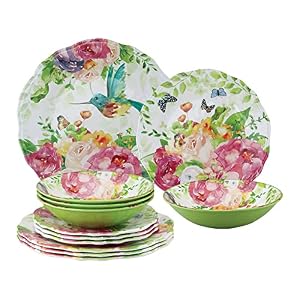 UPware 12-Piece Melamine Dinnerware Set, Includes Dinner Plates, Salad Plates, Bowls, Service for 4 (Rose Garden) UPware 12 Piece Melamine Dinnerware Set Includes Dinner Plates Salad Plates Bowls Service for 4 Rose Garden