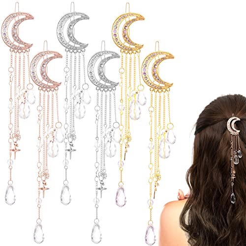 6 Pcs Moon Hair Clips- Golden & Silver & Rose Gold Crystal Dangle Rhinestone Hairpin Star Hair Pins Charm Moon Crystal Hair Tassel Clips for Women Girls Bridal Braids Hair Jewelry Accessories Gift