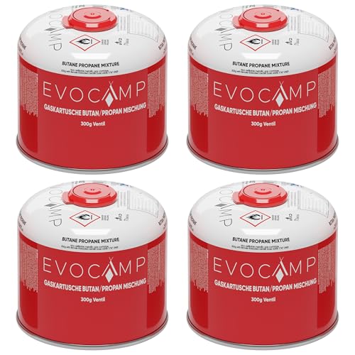 EVOCAMP cartuchos de gas Propano Butano 300g, válvula de rosca Eurogewinde 7/16', cartuchos de válvula 539ml con cierre de seguridad automático (4X)