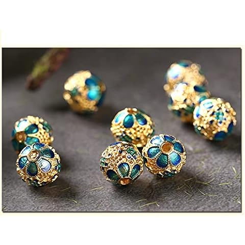 mozhixue 10pcs Round Enamel Cloisonne Beads Handmade Buddha Beads Tibetan Copper Spacer Beads Hole Beads for DIY Jewelry Making,Blue Cover